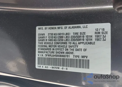 2019 Honda Odyssey Elite из США, поврежденный, VIN 5FNRL6H9XKB060781